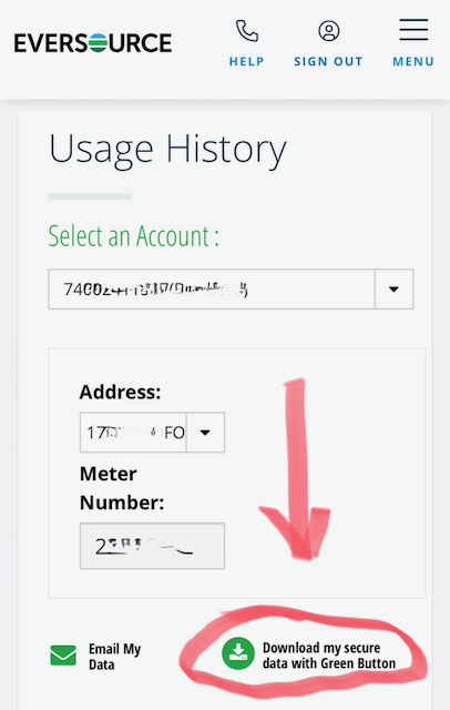 Example image of local utility's user account page showing how to download data using the Green Button