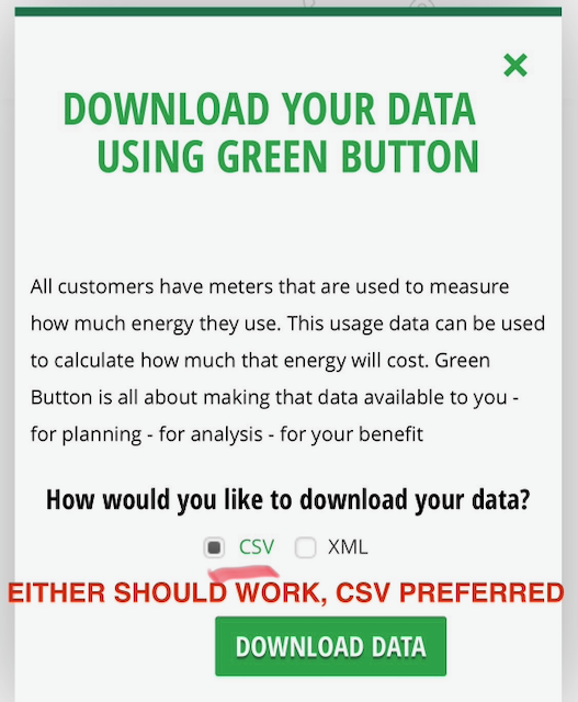 Example image of local utility's user account page showing how to download data using the Green Button